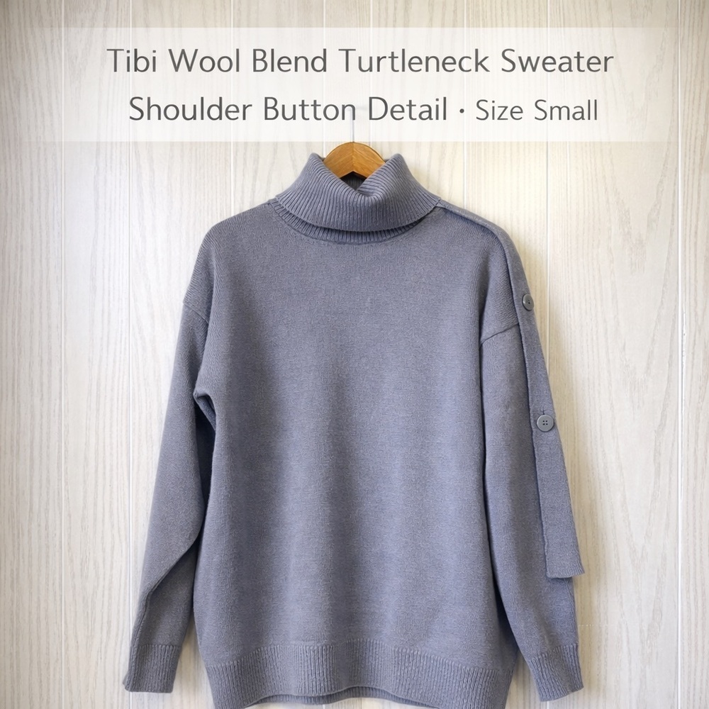 Tibi Slate Gray Wool Blend Turtleneck Sweater Shoulder Button Detail Size Small